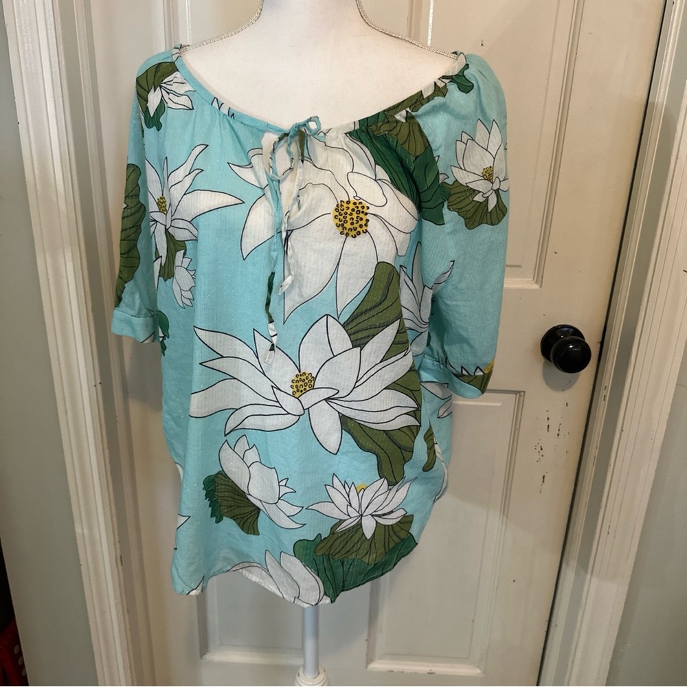 VILAGALLO Floral Top V Neck Tie Women’s Sz 46 XL Metallic Thread